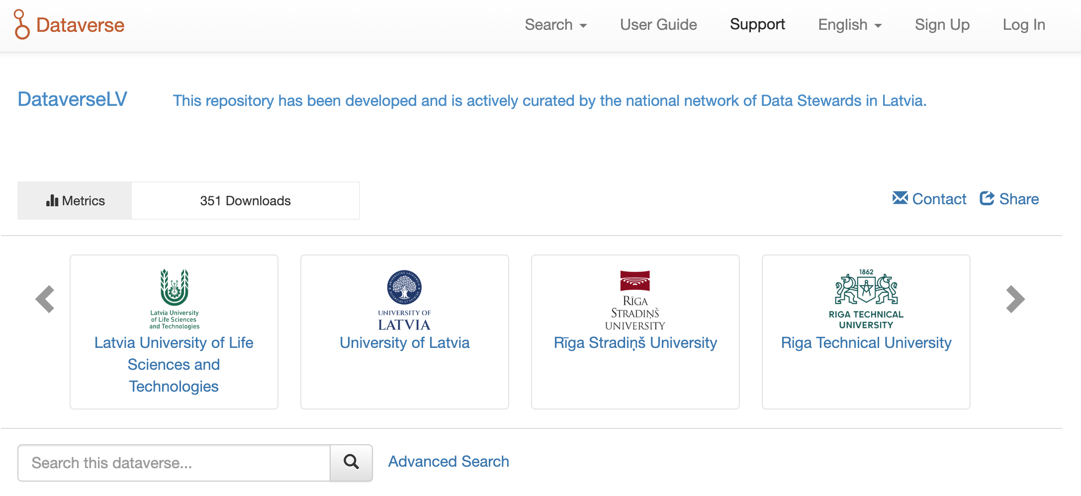 iPad showing dv.dataverse.lv with high-contrast mode enabled